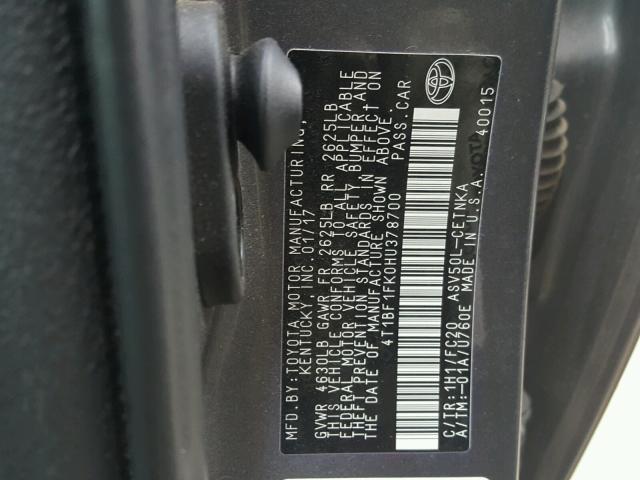 4T1BF1FK0HU378700 - 2017 TOYOTA CAMRY LE გრაფიტი ფოტო 10