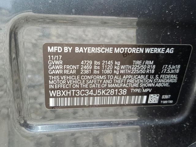 WBXHT3C34J5K28138 - 2018 BMW X1 XDRIVE2 CHARCOAL photo 10