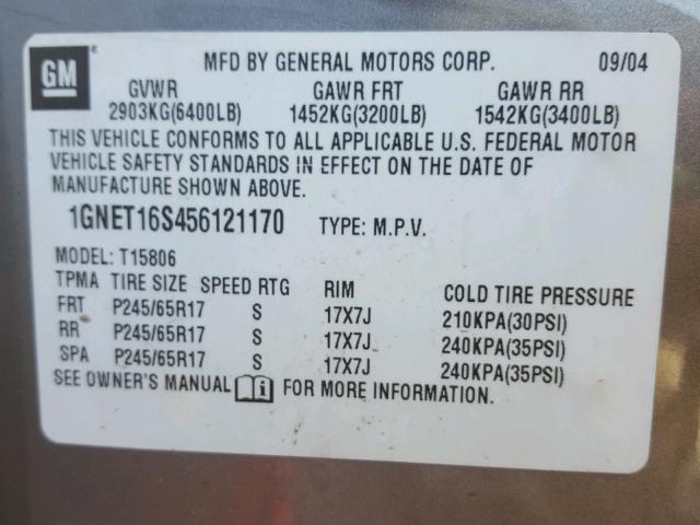 1GNET16S456121170 - 2005 CHEVROLET TRAILBLAZE GRAY photo 10