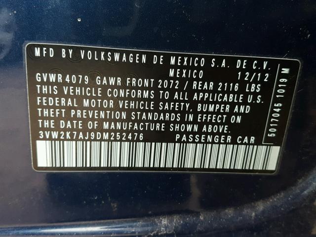 3VW2K7AJ9DM252476 - 2013 VOLKSWAGEN JETTA BASE BLUE photo 10