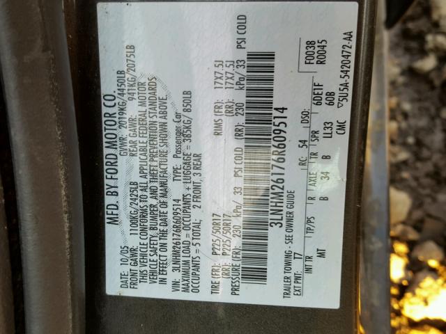 3LNHM26176R609514 - 2006 LINCOLN ZEPHYR GRAY photo 10