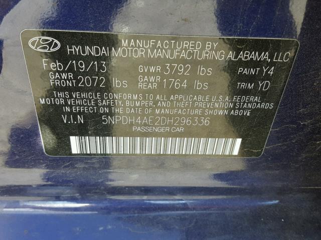 5NPDH4AE2DH296336 - 2013 HYUNDAI ELANTRA GL BLUE photo 10