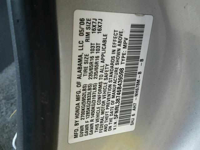 5FNRL38746B439598 - 2006 HONDA ODYSSEY EX SILVER photo 10