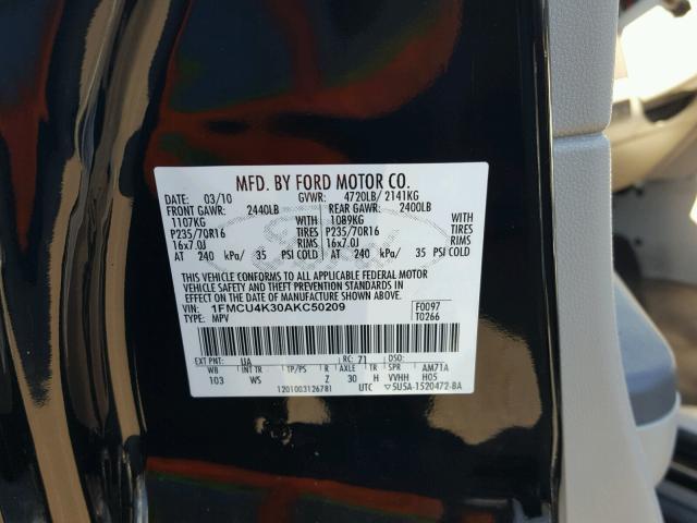 1FMCU4K30AKC50209 - 2010 FORD ESCAPE HYB BLACK photo 10