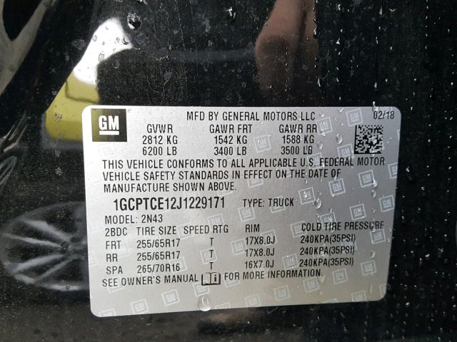 1GCPTCE12J1229171 - 2018 CHEVROLET COLORADO L BLACK photo 10