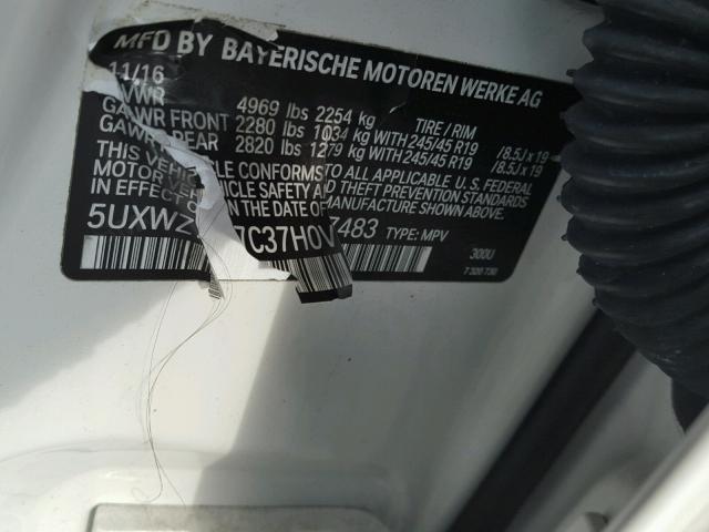 5UXWZ7C37H0V87483 - 2017 BMW X3 SDRIVE2 WHITE photo 10