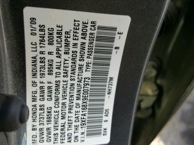 19XFA168X9E007973 - 2009 HONDA CIVIC EX Boz foto 10