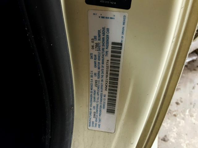 3VWCK21Y83M332774 - 2003 VOLKSWAGEN NEW BEETLE 黄色 照片 10