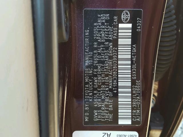 4T1BK3DB2BU399372 - 2011 TOYOTA AVALON BAS MAROON photo 10