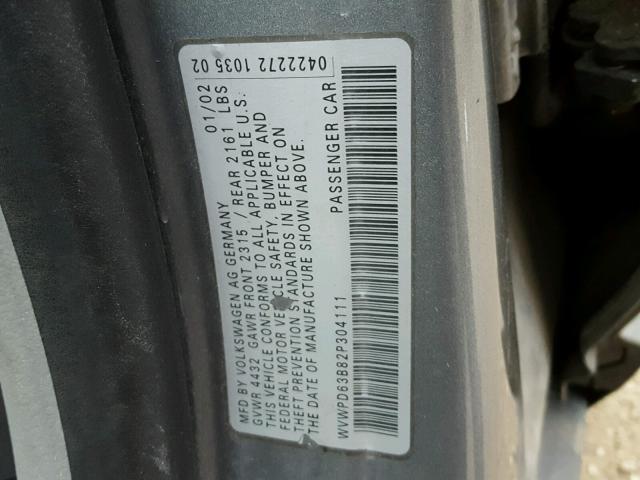 WVWPD63B82P304111 - 2002 VOLKSWAGEN PASSAT GLS GRAY photo 10