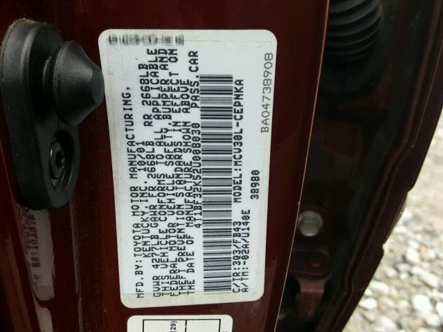 4T1BF32K52U008030 - 2002 TOYOTA CAMRY LE მუქწითელი ფოტო 10