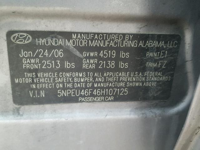 5NPEU46F46H107125 - 2006 HYUNDAI SONATA GLS GRAY photo 10