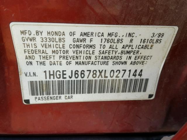 1HGEJ6678XL027144 - 1999 HONDA CIVIC LX RED photo 10