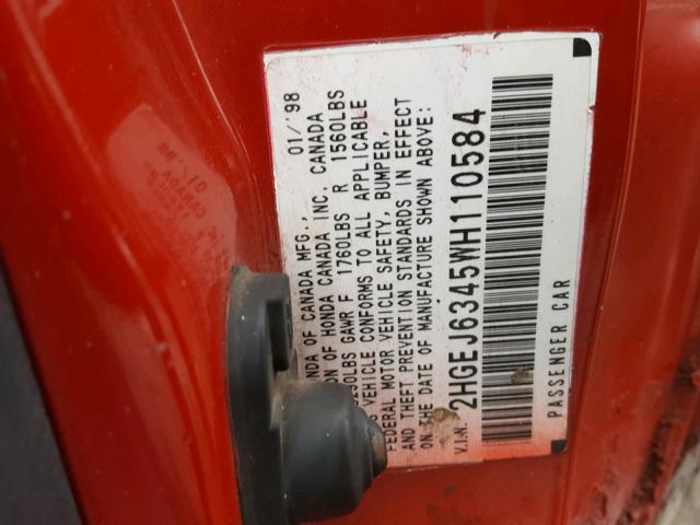 2HGEJ6345WH110584 - 1998 HONDA CIVIC DX RED photo 10