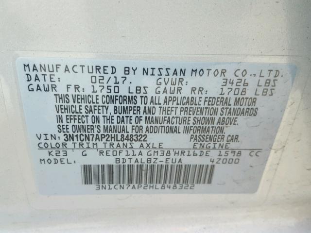 3N1CN7AP2HL848322 - 2017 NISSAN VERSA S SILVER photo 10