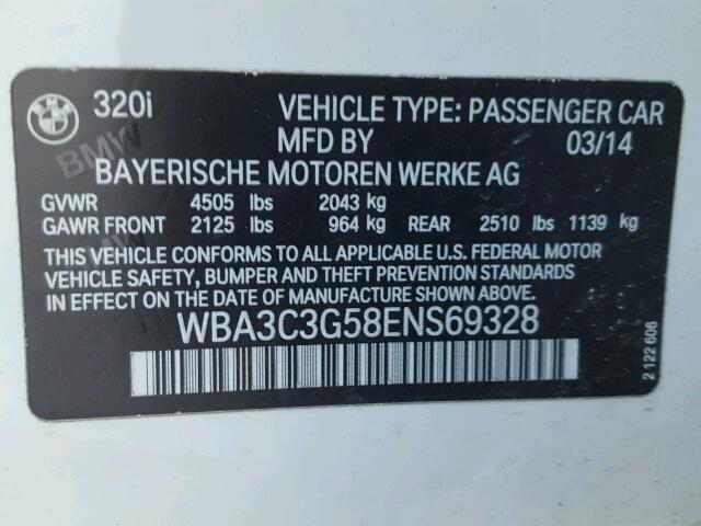 WBA3C3G58ENS69328 - 2014 BMW 320 I WHITE photo 10