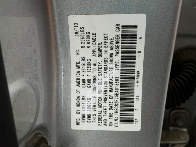 1HGCR2F75EA015583 - 2014 HONDA ACCORD EX SILVER photo 10