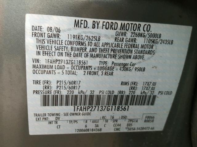 1FAHP27137G118561 - 2007 FORD FIVE HUNDR BLUE photo 10