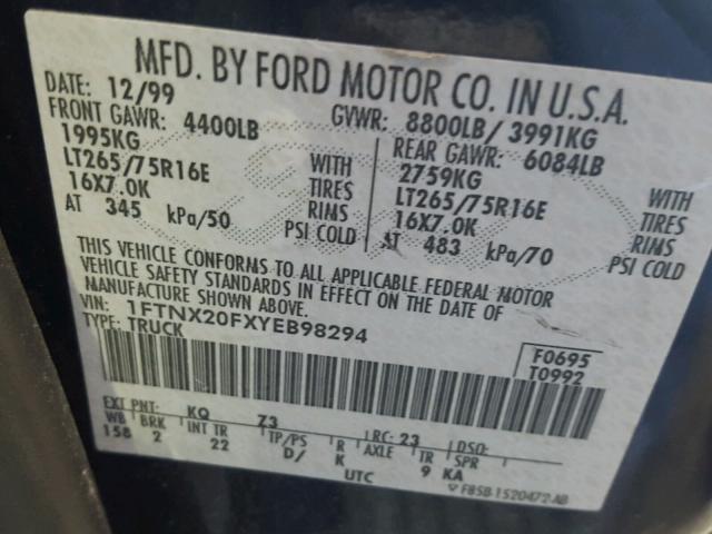 1FTNX20FXYEB98294 - 2000 FORD F250 SUPER BLUE photo 10