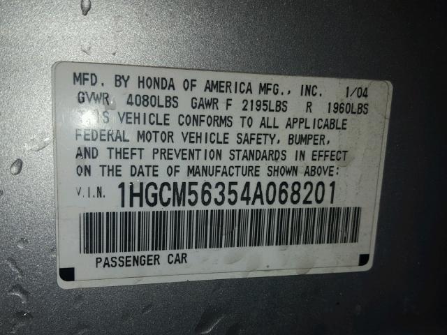 1HGCM56354A068201 - 2004 HONDA ACCORD LX SILVER photo 10