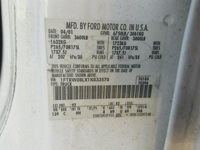 1FTRW08LX1KB33570 - 2001 FORD F150 SUPER WHITE photo 10