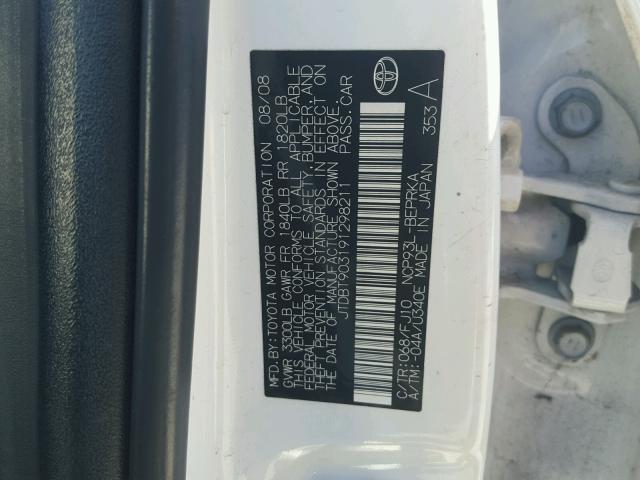 JTDBT903191298211 - 2009 TOYOTA YARIS WHITE photo 10