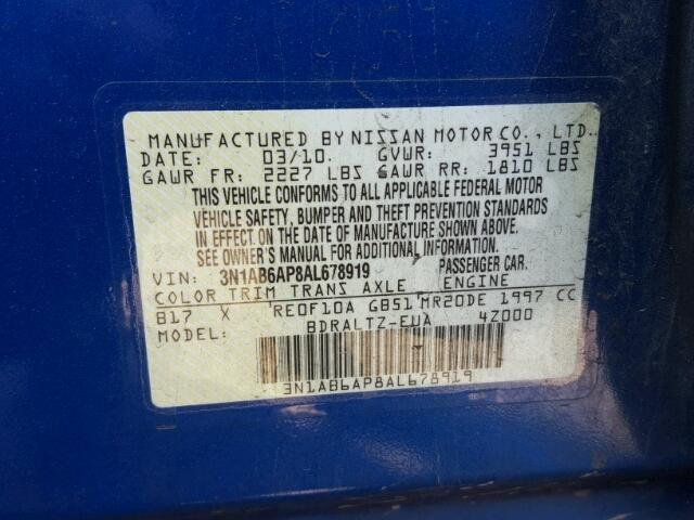 3N1AB6AP8AL678919 - 2010 NISSAN SENTRA 2.0 BLUE photo 10