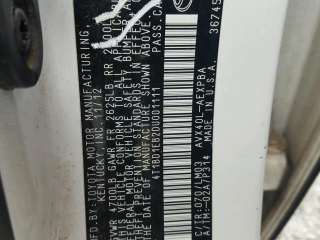 4T1BD1EB2DU001111 - 2013 TOYOTA AVALON HYB WHITE photo 10