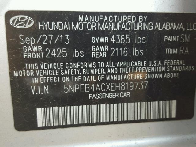 5NPEB4ACXEH819737 - 2014 HYUNDAI SONATA GLS SILVER photo 10