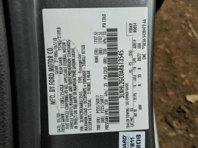 3LNHL2GC0AR613545 - 2010 LINCOLN MKZ GRAY photo 10