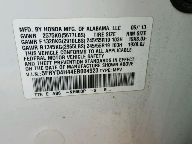 5FRYD4H44EB004923 - 2014 ACURA MDX TECHNO WHITE photo 10