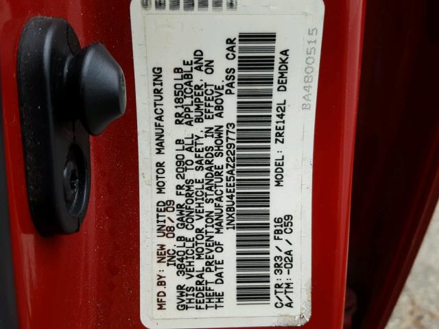 1NXBU4EE5AZ229773 - 2010 TOYOTA COROLLA BA RED photo 10