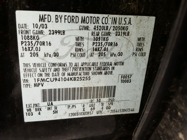 1FMCU94104KB25255 - 2004 FORD ESCAPE LIM BLACK photo 10