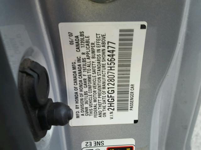 2HGFG12807H564477 - 2007 HONDA CIVIC EX 银色 照片 10