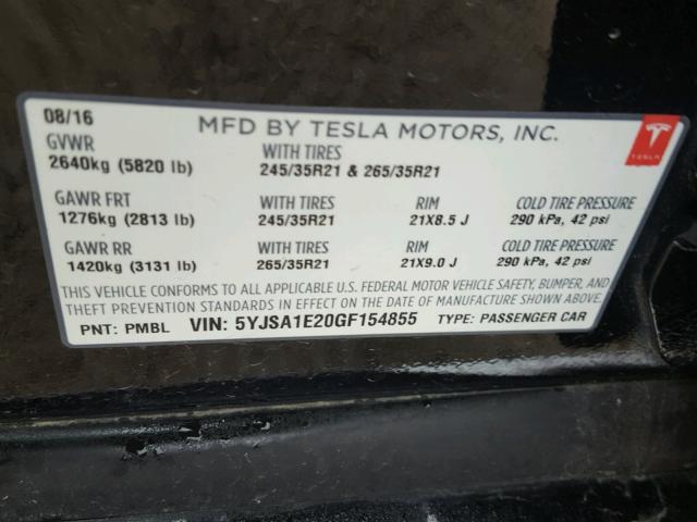 5YJSA1E20GF154855 - 2016 TESLA MODEL S BLACK photo 10