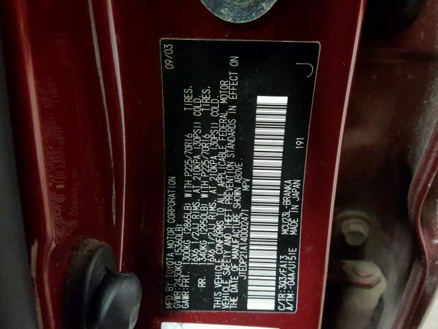 JTEDP21A140002471 - 2004 TOYOTA HIGHLANDER RED photo 10