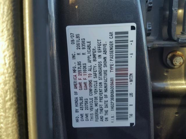 1HGCP368X8A009481 - 2008 HONDA ACCORD EXL GRAY photo 10