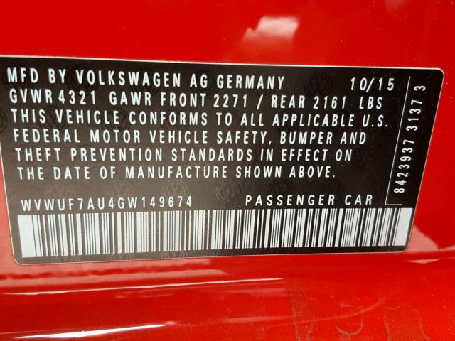 WVWUF7AU4GW149674 - 2016 VOLKSWAGEN GOLF R RED photo 10