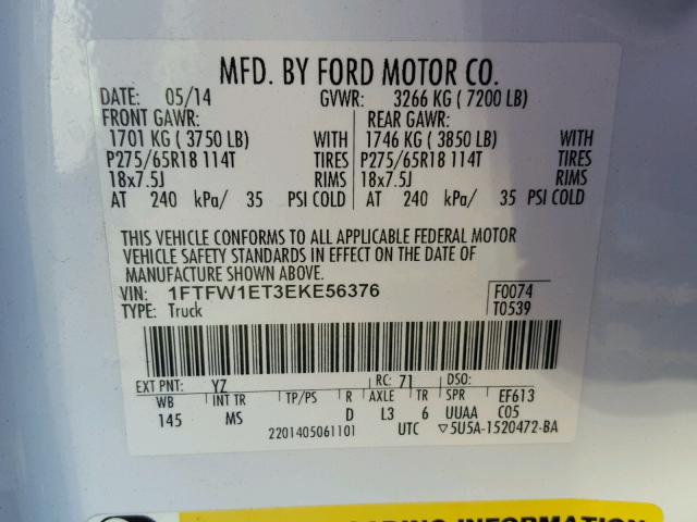 1FTFW1ET3EKE56376 - 2014 FORD F150 SUPER WHITE photo 10