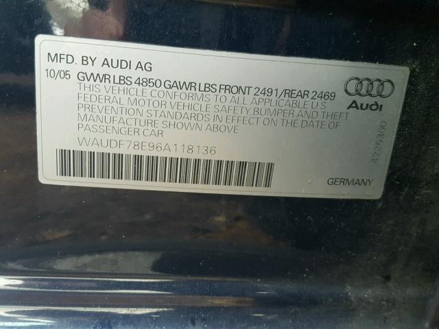 WAUDF78E96A118136 - 2006 AUDI A4 2.0T QU BLUE photo 10