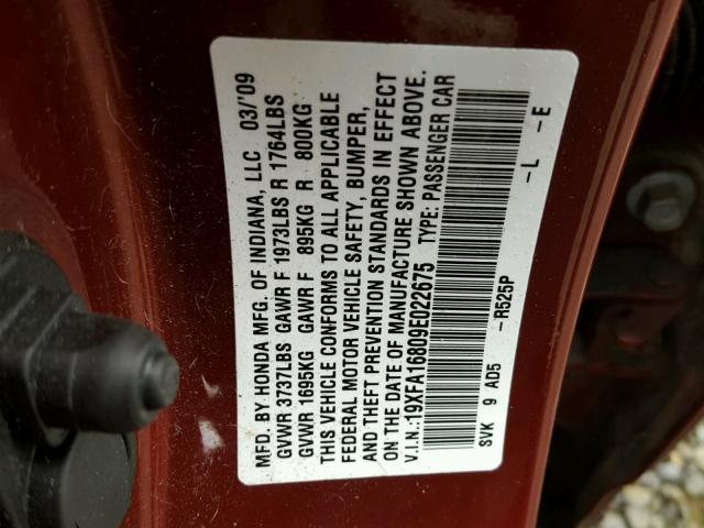 19XFA16809E022675 - 2009 HONDA CIVIC EX BURGUNDY photo 10