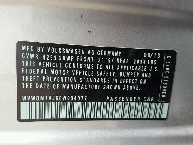 WVWDM7AJ6EW004077 - 2014 VOLKSWAGEN GOLF SILVER photo 10