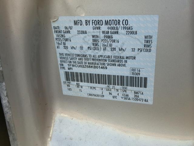 1FMCU02Z68KB01469 - 2008 FORD ESCAPE XLS GRAY photo 10