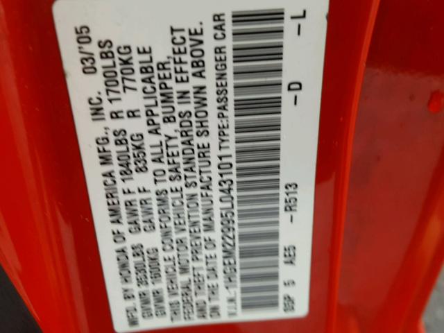 1HGEM22995L043101 - 2005 HONDA CIVIC EX 红色 照片 10