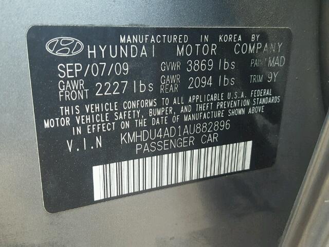 KMHDU4AD1AU882896 - 2010 HYUNDAI ELANTRA BL GRAY photo 10