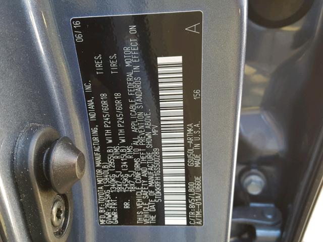 5TDKKRFH1GS500289 - 2016 TOYOTA HIGHLANDER ლურჯი ფოტო 10