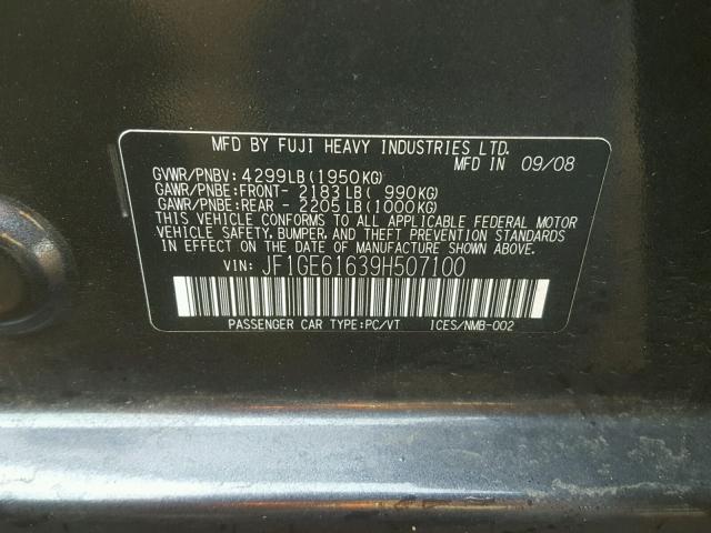 JF1GE61639H507100 - 2009 SUBARU IMPREZA 2. GRAY photo 10