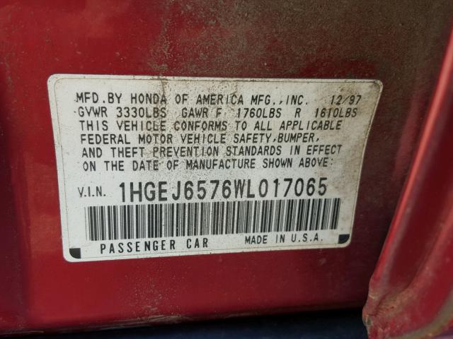 1HGEJ6576WL017065 - 1998 HONDA CIVIC LX RED photo 10