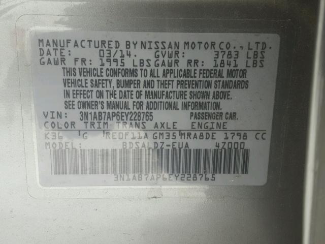 3N1AB7AP6EY228765 - 2014 NISSAN SENTRA S GRAY photo 10