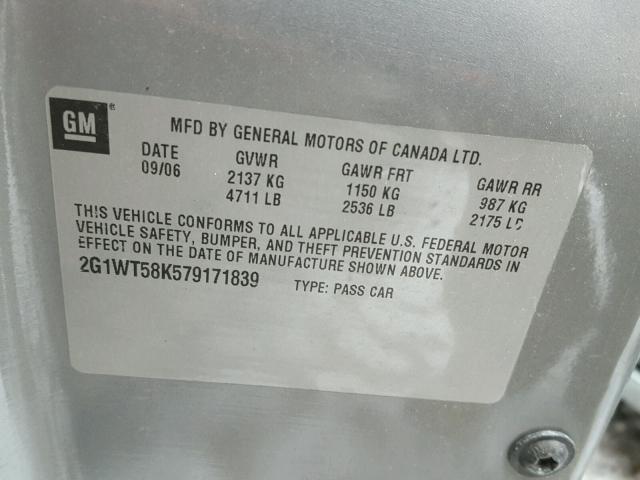 2G1WT58K579171839 - 2007 CHEVROLET IMPALA LT GRAY photo 10